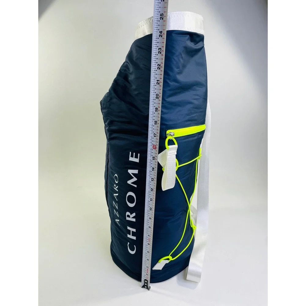 Azzaro Chrome Navy Blue Puffer Duffle Bag Neon Yellow Accents Roll Top Sport Bag